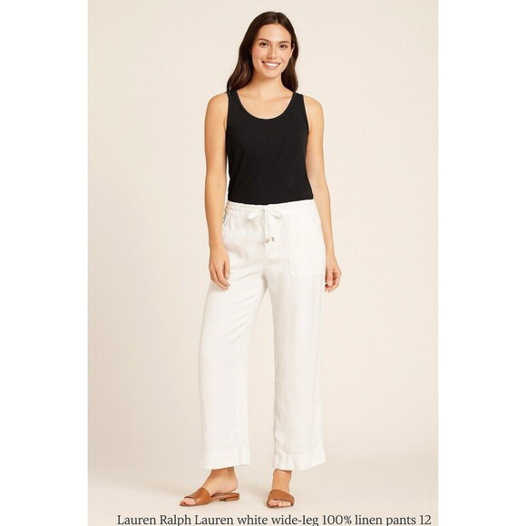 Lauren Ralph Lauren White 100% Linen Wide Leg Drawstring Pants Women’s 12 Resort - Picture 10 of 10